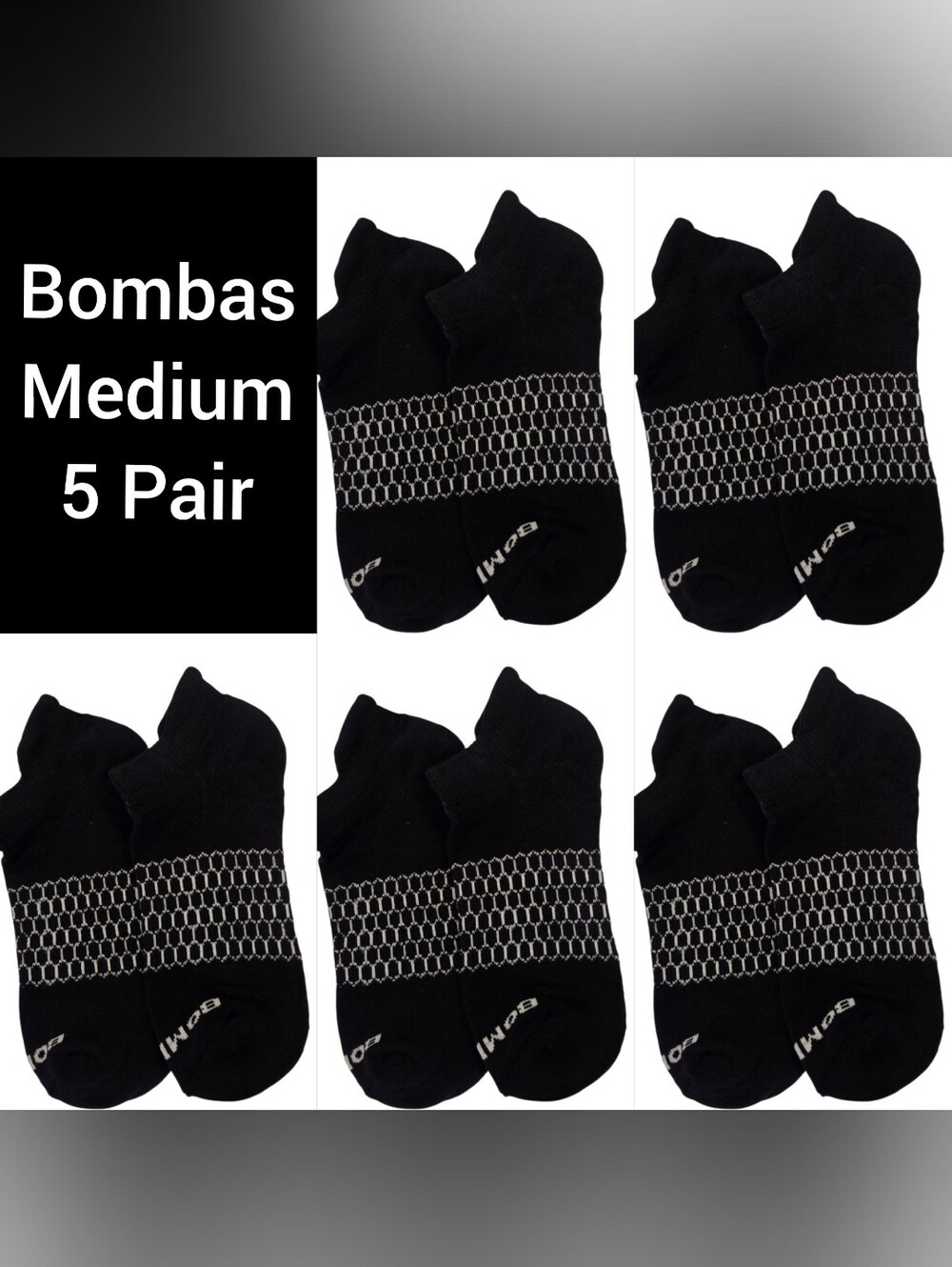 Bombas Medium Ankle Socks Black & White 5 Pair BNWT Unisex Honeycomb Arch Suppor